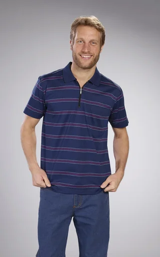 Elegantes Poloshirt mit Reißverschluss in Kobalt-Gestreift