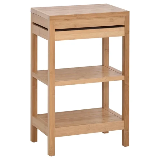 "Badregal, Badzimmerregal mit Klappdeckel, Badezimmer Standregal mit 2 Ablagen, Bambus, Natur, 46 x 29,5 x 76,5 cm image"