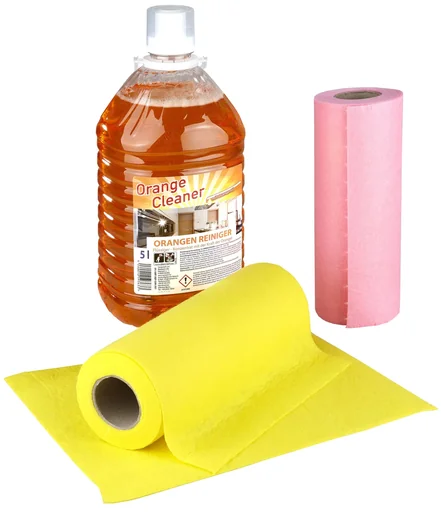 "Set Orangenreiniger, Konzentrat, 5 Liter + Reinigungstuch, Viskose, 20 Stück auf Rolle, farblich sortiert image"