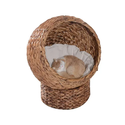 "Rattan Katzenkorb Katzenhöhle Katzenhütte Katzenbett mit Kissen Haustierbett Wasserhyazinthe Hellbraun 50 x 42 x 60 cm image"