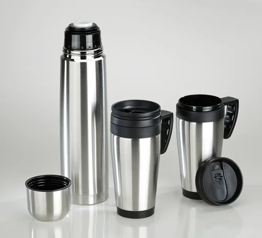 "Travelling-Set 3-teilig, 1 Liter Isolierflasche + 2 x 400 ml Isolierbecher, Edelstahl matt, doppelwandig image"