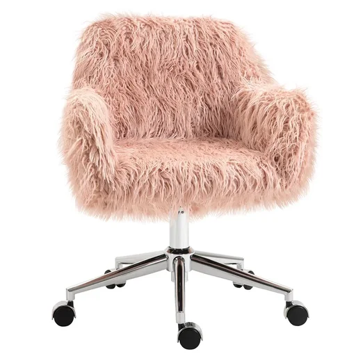"Chefsessel Drehstuhl Computerstuhl Sitzhöhenverstellung für Mädchen Kunstpelz Schaumstoff Rosa+Silber 57 x 60 x 75-85 cm image"