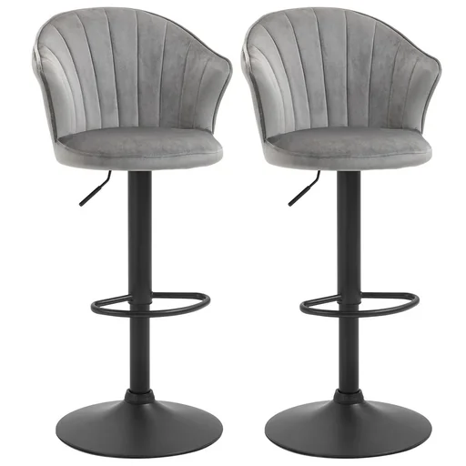 "2er-Set Barhocker drehbare Barstühle mit Lehne Samt Touch höhenverstellbar armloser Schaumstoff Grau 51,5x 57,5 x 93-114 image"