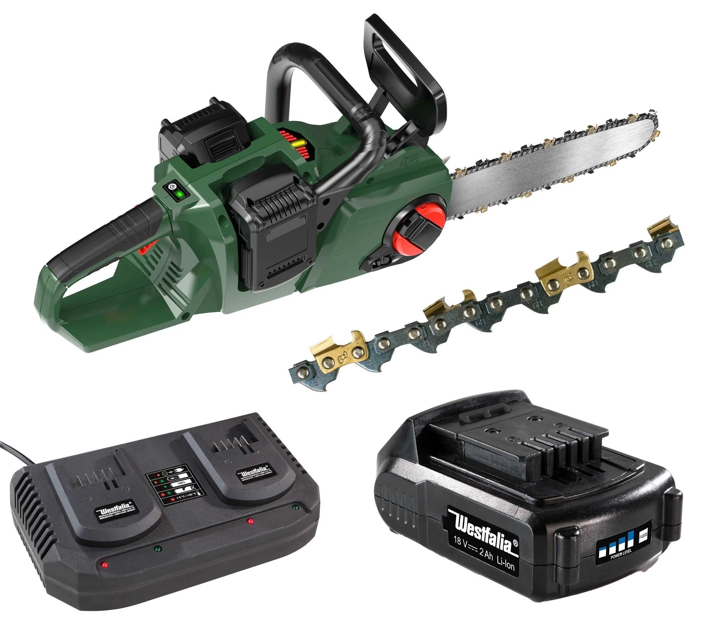 Set Akku-Kettensäge "GMAK 36/40" + 2 x 18V LI-ION Akku 2,0 Ah + Doppelschnell-Ladegerät + Sägekette-Titan 40 cm