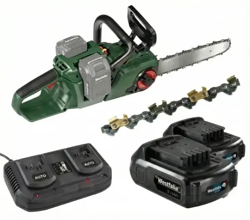 "Set Akku-Kettensäge "GMAK 36/40" + 2 x 18V LI-ION Akku 2,0 Ah + Doppelschnell-Ladegerät + Sägekette-Titan 40 cm image"