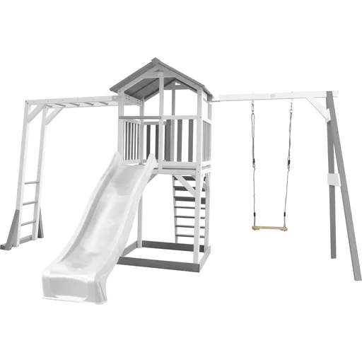 "Beach Tower Spielturm mit Klettergerüst und Einzelschaukel - Weiße Rutsche image"