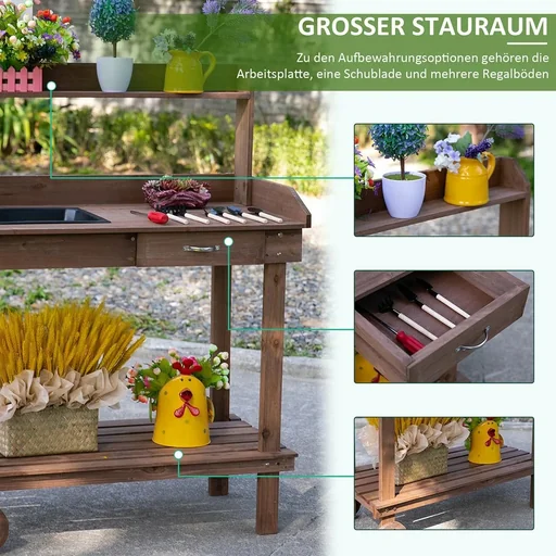 "Pflanztisch mit Schublade 2 Stufen Gärtnertisch mit waschbecken und Rollen Garten Tannenholz Braun 92 x 45 x 119 cm image"