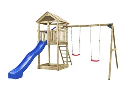 Doppelschaukel Dean Holz mit Sandkasten und Rutsche in Blau