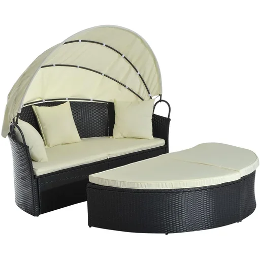 "Rattan-Sonneninsel inklusive faltbarem Dach schwarz/cremeweiß image"