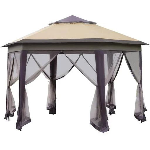 "Gartenpavillon Faltpavillon 4 x 4 m Pop-Up-Zelt Partyzelt inkl. Tragetasche 6 Seitenteile Doppeldach sechseckig Kaffee+B image"