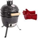 Kamado Mini Grill - schwarz + Busters Leder BBQ Handschuhe - Hitzebeständig - Größe 10 - bis zu 100 Grad - 35 cm - Rot