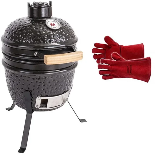 "Kamado Mini Grill - schwarz + Busters Leder BBQ Handschuhe - Hitzebeständig - Größe 10 - bis zu 100 Grad - 35 cm - Rot image"