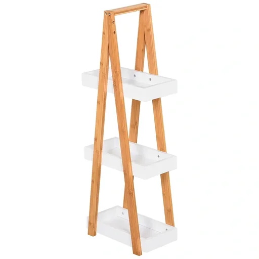 "Badregal, 3 Ebenen Treppenregal, Leiterregal, Badezimmer, Bambus, Weiß, 30 x 18 x 81 cm image"