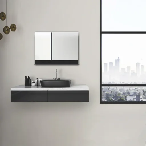 "Badezimmerspiegel mit Beleuchtung, "Black Home" - 80 x 60 cm - Lichtfarbe neutralweiß - mit praktischer Ablage image"