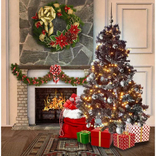 "Schwarzwälder Weihnachtsbaum-Paket 150cm Silber + Weihnachtskugeln + Weihnachtsbeleuchtung + Weihnachtsgirlande + Spitze image"