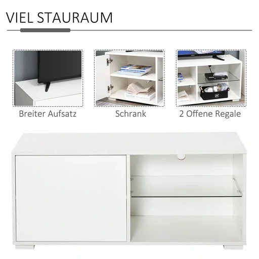 "TV Schrank TV-Kommode mit Schubladen und Offene Regale Spanplatte Glas Weiß 100 x 40 x 45 cm image"