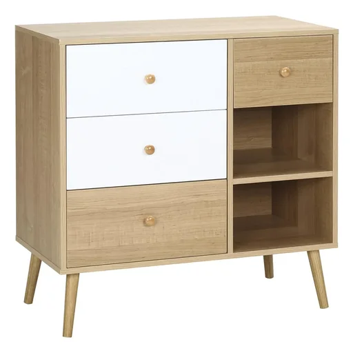"Sideboard Küchenschrank Kommode mit 2 offenen Fächern 4 Schubladen Skandi-Design Natur+Weiß 80 x 39 x 80 cm image"