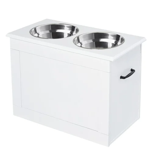 "Hunde Fressnapf mit Staumraum 2 Näpfen Futterstation Edelstahlnapf Katzenapf MDF Edelstahl Weiß 60 x 30 x 41 cm image"