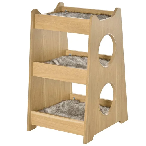 "Katzenbett dreiistöckiges Katzenhaus mit Löcher weichen Kissen Polyester MDF Natur+Weiß+Grau 50 x 43 x 74 cm image"