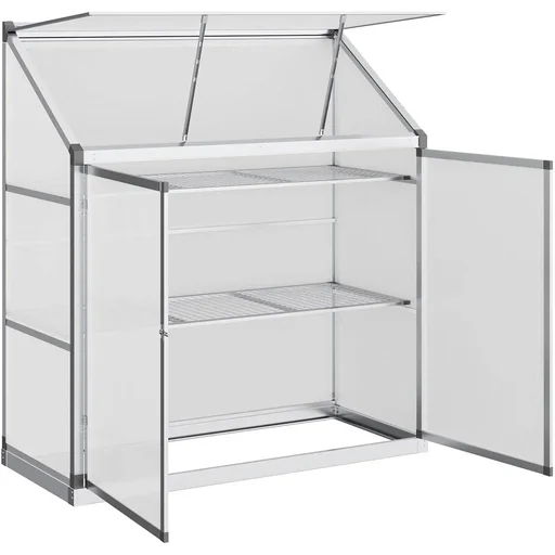 "Alu-Gewächshaus mit Schiebetür Fundamentrahmen 3 Ebenen Frühbeet 129,5 x 58 x 140,5 cm Treibhaus Pflanzenhaus Tomatenhau image"