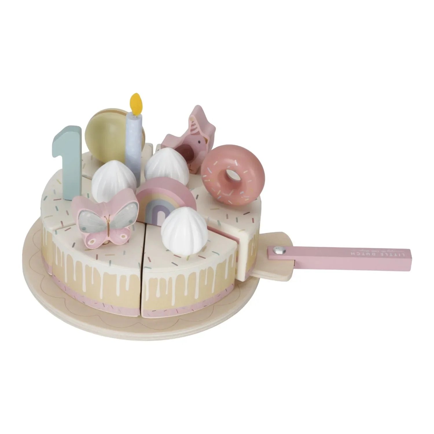 "Little Dutch Spielzeug Geburtstagstorte aus Holz - Rosa, 18x18x4 image"