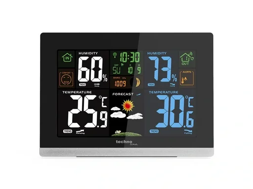 "WS6462 Funkwetterstation mit Außensensor, Farbdisplay, DCF-Funkuhr, Wettervorhersage, Innen- & Außentemperatur, Luftfeuchtigkeit, Luftdruck, Mondphase, Wecker, schwarz image"