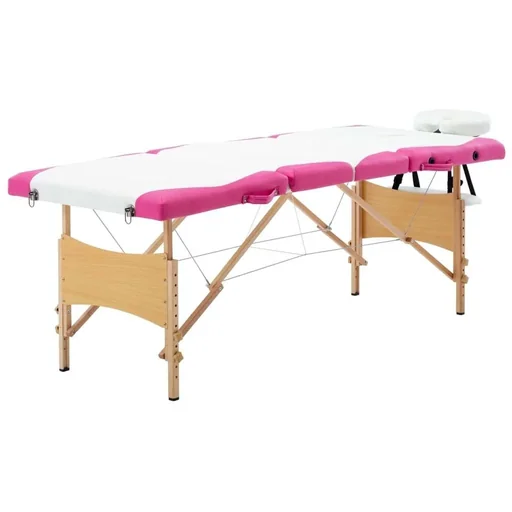 "Klappbarer Massagetisch 4 Zonen Holz weiß und rosa image"