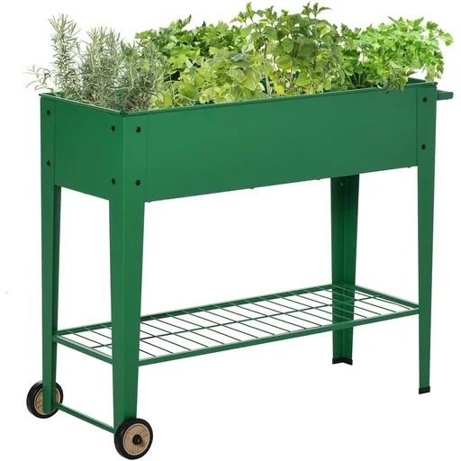"Grüner Metall-Pflanzkübel mit Rädern und Regal 104 x 39 x 80 cm image"