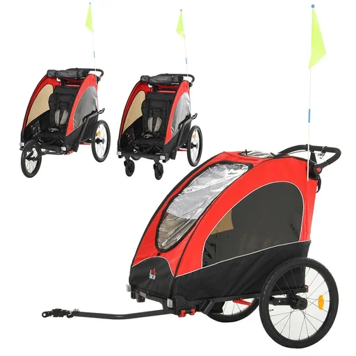"3 in 1 Kinderanhänger Aluminium Kinder Jogger Fahrradanhänger Radanhänger für 2 kinder mit Fahne Rot+Schwarz image"