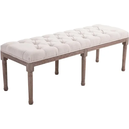 "Polsterbank Sitzbank Truhenbank Lounge Sitzhocker Retro mit Knöpfen Leinen+Holz beige 142 x 47 x 51 cm image"