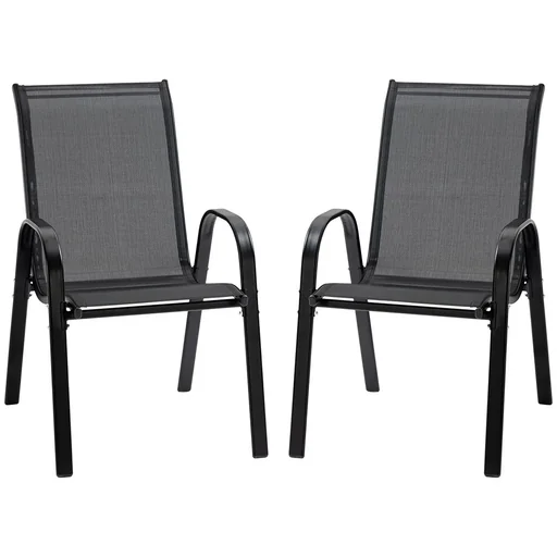 2er Set Gartenstuhl Stapelstuhl mit Armlehne Essstühle Garten Metall Mesh-Gewebe Schwarz 70 x 54 x 90 cm