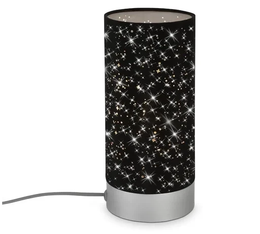 "STEA Tischleuchte, matt- chrom, Stoff schwarz mit Sternendekor, Kabelschalter, E14 Fassung image"