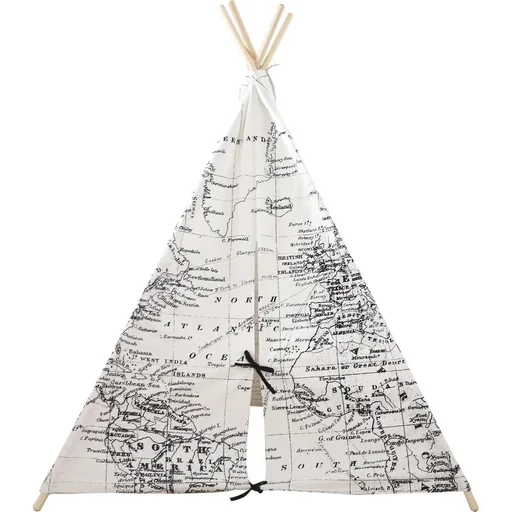"Weltkarte Tipi-Zelt | Schwarz und Weiß | Wigwam Spielzelt|100% Baumwolle|120x120x160cm image"