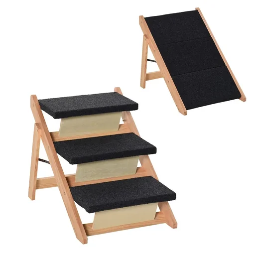 "Haustiertreppe 2-in1 Hunderampe Katzentreppe Hundetreppe Faltbar Tiertreppe Kiefernholz Natur+Schwarz 60 x 47 x 50 cm image"