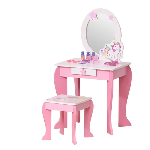 "2-Set Kinderschminktisch mit Hocker Frisiertisch Frisierkommode mit Schublade Spiegel für 3-8 Jahre MDF Akryl Rosa+Weiß image"