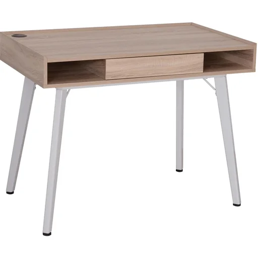 "Schreibtisch Computertisch PC Laptop Bürotisch mit Kabeldurchlass Holz + Metall Natur + Weiß 100 x 60 x 77 cm image"