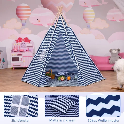 "Tipi-Kinderzelt mit Bodenmatte blau, weiß image"