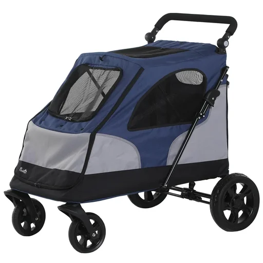 "Hundebuggy Hundewagen mit 4 Räder Haustierbuggy für mittelgroße Hunde faltbar Oxford Blau+Grau 104,5 x 68,5 x 110 cm image"