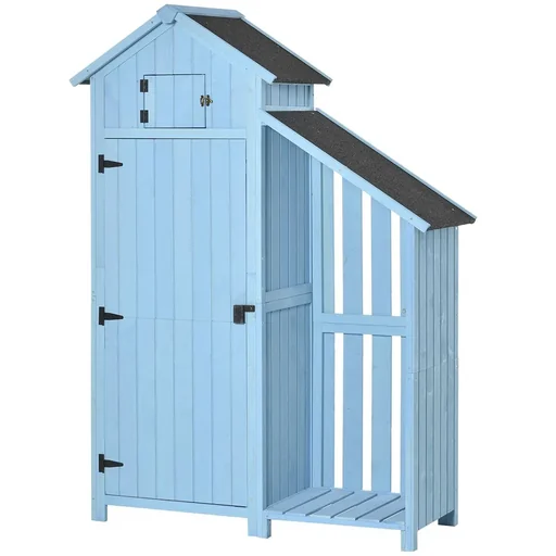 "Gartenhaus Gerätehaus Geräteschuppen mit Brennholzlagerraum Geräteschuppen mit 3 Ablagen Asphaltdach Tannenholz Himmelbl image"