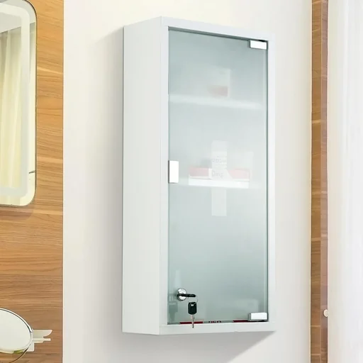 "Medizinschrank Arzneischrank Erste-Hilfe-Schrank mit Schloss 3 Fächer Mattglas Metall Weiß 27 x 57 x 12 cm image"