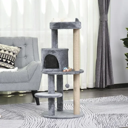 "Katzenbaum 4-Stock Katzenhöhle Katzenhaus mit Spielbällen Sitzstange Sisalsäule und Kratzbrett groß stabil luxuriös Sisa image"