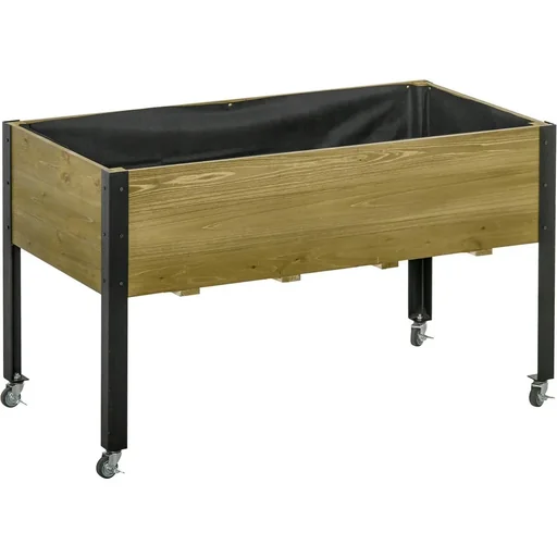 "Hochbeet mit Rädern Pflanztisch Blumenkasten mit Abfluss Massivholz Vliesstoff Hellbraun 120 x 60,5 x 66 cm image"