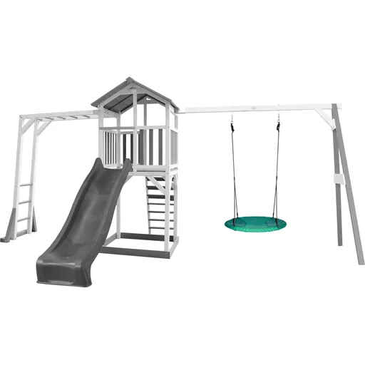 "Beach Tower Spielturm mit Klettergerüst und Summer Nestschaukel - Graue Rutsche image"
