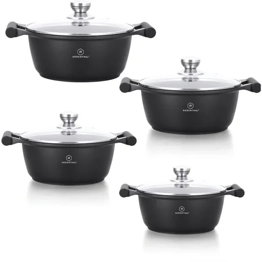 "Herenthal 4-teiliges Kochgeschirr-Set - Schmorpfanne - 24cm, 26cm, 28cm, 30cm - Marmorbeschichtung - mit Glasdeckel image"