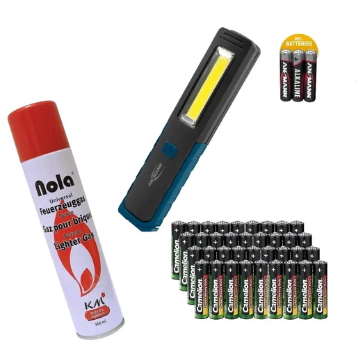 "Ansmann Arbeitsleuchte inkl. Batterien, SMD-LEDs, 1W + 3W + Zink-Kohle Sparset AA/AAA - 72-teilig und Feuerzeug-Nachfüllgas 300 ml image"