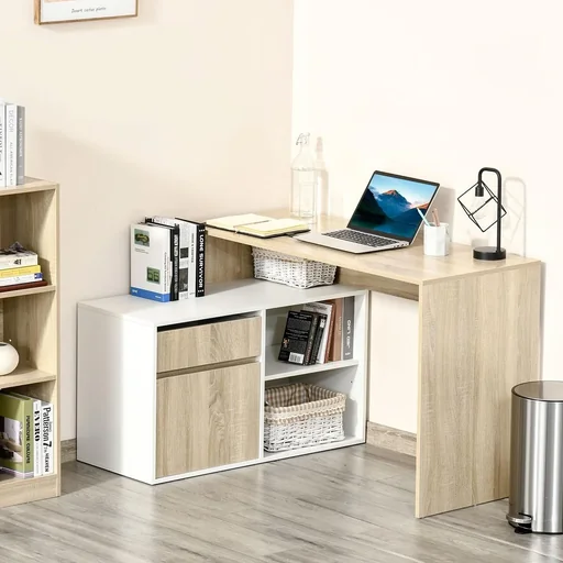 "Eckschreibtisch Computertisch Bürotisch Winkelschreibtisch Regal L-Form Spanplatte Weiß+Eiche 120 x 92 x 75,5 cm image"