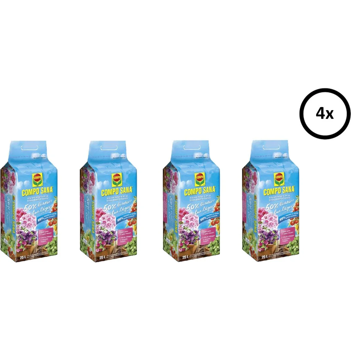Sana Blumenerde - 25L - für Balkon und Terrasse - 50% heller - 4 Stück