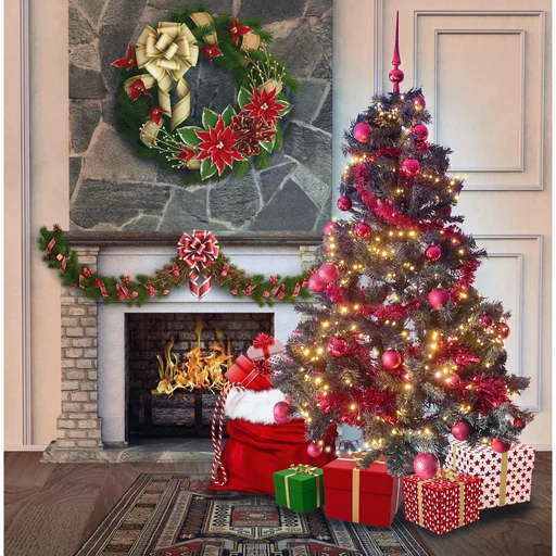 "Schwarzwälder Weihnachtsbaum-Paket 180cm Rot + Weihnachtskugeln + Weihnachtsbeleuchtung + Weihnachtsgirlande + Schirm image"