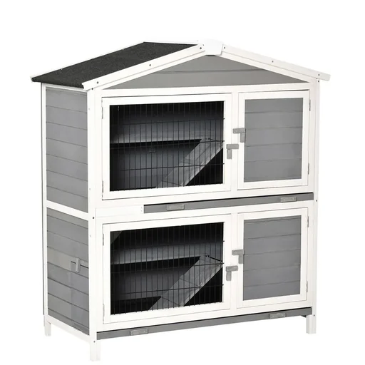 "Kaninchenstall doppelstöckiger Hasenstall mit Rampe Massivholz Hellgrau 147 x 45,5 x 88,5 cm image"