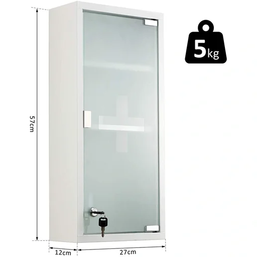 "Medizinschrank Arzneischrank Erste-Hilfe-Schrank mit Schloss 3 Fächer Mattglas Metall Weiß 27 x 57 x 12 cm image"